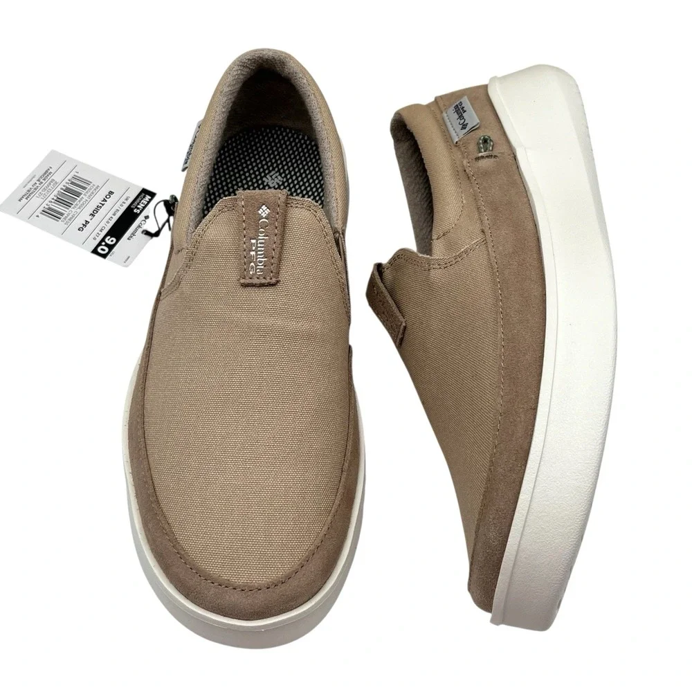 Columbia Men's PFG Boatside Slip On Boat Shoes Size 9 Beige Tan Canvas Upper